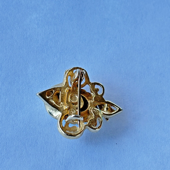 Coro signed vintage aqua blue rhinestone & faux pearl brooch pin goldtone 1" - Picture 11 of 13